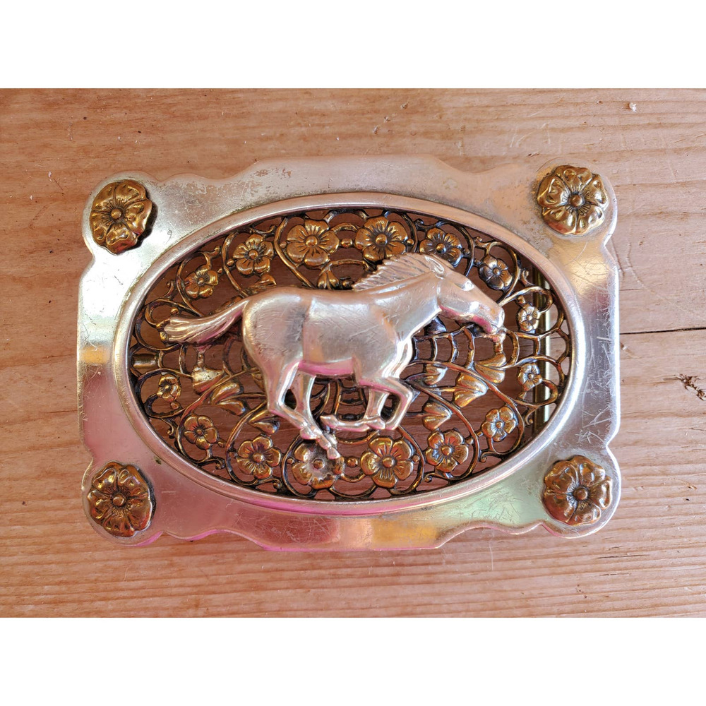 Nickel silver & brass belt buckle horse & flowers